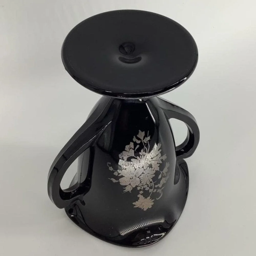 Vintage LE Smith Amethyst Glass Trophy Vase Silver Floral Double Handle Ruffled